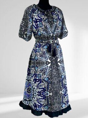 eShakti Blue & Black intricate print dress Knee length unique SMALL 4